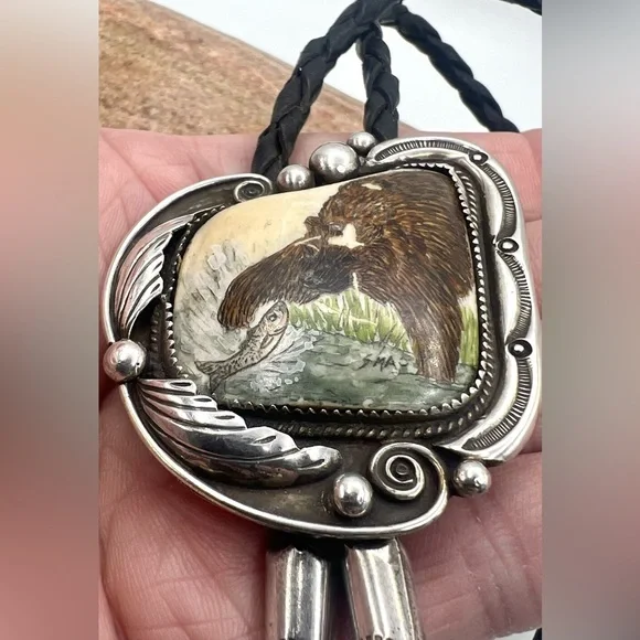 Ivan V Signed Navajo Handmade Sterling Silver Hand Painted Bear Fish Bolo Tie - Picture 5 of 9